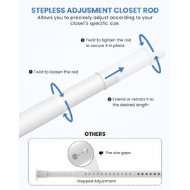 Closet Rods for Hanging Clothes, 17 to 69 Inches Stepless Adjustable Metal Closet Rod, 1.3 Inches Heavy Duty Clothes Hanging Rod for Closet Wardrobes Laundry RV, White