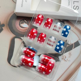 4th of July Press on Nails Square Medium Fake Nails Glitter Red Blue White Stripe Design Independence Day Acrylic Nails Star Full Cover Patriotic Glue on Nails July 4th Stick on Nails for Women 24Pcs