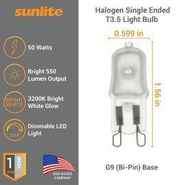 Sunlite Q50/G9/FR/120V/12PK Halogen 50W 120V Q50 Single Ended Capsule Light Bulbs, Frosted Finish, 3200K Bright White, Bi-Pin (G9) Base, 12 Pack