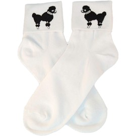Hip Hop 50s Shop Womens Bobby Sock With Black Poodle Applique- Adult Size White with Black
