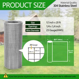 GMOTLSE Hardware Cloth 1/4 inch 23 Gauge Small Size 304 Stainless Steel mesh Chicken Welded Wire Fencing Wire Mesh Roll Fencing Garden Fence Squirrel Tunnel Network 12in×20ft