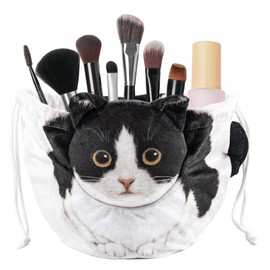 Framendino, Cat Shaped Drawstring Makeup Bag Cute Tuxedo Kitten Cosmetic Bag Funny Kitty Pouch for Women Pet Lovers