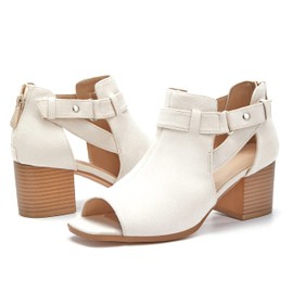 LAICIGO Womens Open Toe Booties Chunky Block Heels Side Strap Cutout Shoes with Back Zips