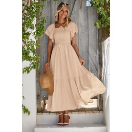 MASCOMODA Womens Summer Casual Midi Dress Square Neck Ruffle Short Sleeve Smocked High Waist A Line Wedding Guest Dresses(Apricot,Large)