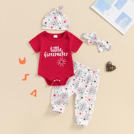 Rtnnsbbfcm Newborn Baby Boy Girl 4th Of July Outfit Short Sleeve Letter Print Romper Pants Headband Hat 4Pcs Set (Red, 3-6 Months)