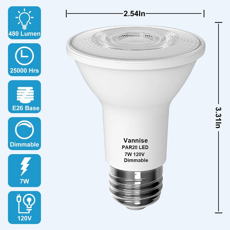 Vannise PAR20 LED Bulbs 5000K Daylight, 6 Pack Long Lasting