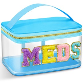 Neceser de Letra de Chenilla Bolsa de Maquillaje de Nailon Portátil Bolsa de Cosméticos de Parche Preppy con Cremallera Cosmetiquera de Almacenamiento de Artículos de Aseo (Azul, Vívido MEDS)