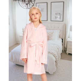 Arshiner Boys Girls Flannel Bathrobes Soft Fuzzy Hooded Robe Sleepwear with Belt for Kids Pink 4-5T