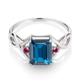 Gem Stone King 2.74 Ct Emerald Cut London Blue Topaz Red Created Ruby 925 Sterling Silver Ring (Size 6)