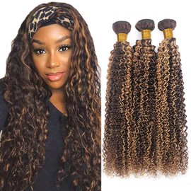 Highlight Kinky Curly Human Hair Bundles Brazilian Remy Human Hair Bundles Piano Colour P4/27 Honey Blonde Bundle Double Weft Bundles for Women 20 22 24 Inches
