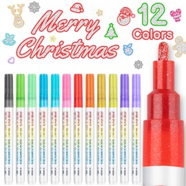 WIDUOLIPLAY Christmas Stocking Fillers Kids, Gifts for Teenage Girls, Gifts for 5-13 Year Old Girls, Double Line Outline Pens, 12 Colours Shimmer Outline Metallic Marker for Christmas Card Making