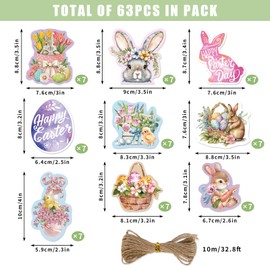 JarThenaAMCS 63Pcs Easter Paper Gift Tags Watercolor Bunny Chick Flower Name Tags Colorful Egg Rabbit Hanging Labels with 32.8Ft String for DIY Present Wrapping Spring Party Decor