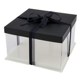 Restaurantware Sweet Vision 10 Inch x 8.25 Inch Transparent Cake Boxes, 10 Grease Resistant Base Clear Cake Boxes - Black Lid, Black Ribbon, Plastic Birthday Cake Boxes, For Weddings Or Birthdays