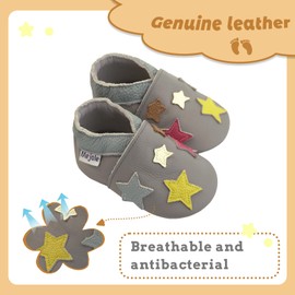 Mejale Baby Soft Leather Shoes Boy Toddler Non-Slip Sole Moccasins Girl Infant Light Gray Slipper,Stars,6-12 Months,M