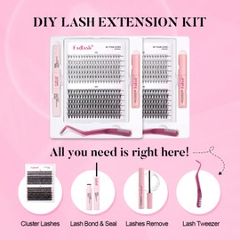 FADLAHS DIY Lash Extensions Kit, 10D+20D 0.07 D Curl Lash Clusters Individual, Bond and Seal, Remover and Tweezers for Beginners (10D+20D, 8-16mm)
