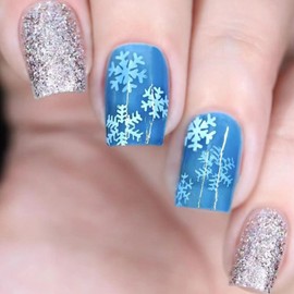 Christmas Short Square Press-on Nails - Blue With Silver Glitter Snowflake Designs - Winter Full Cover Glue-on Acrylic Nails for Women and Girls - 24 Pcs