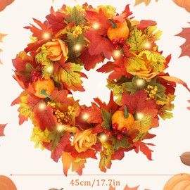 CHENYU Autumn Wreaths Reusable 45cm Halloween Wreath Artificial Autumn Wreath With Pumpkin Berries and Maple Leaves Hanging Indoors and Outdoors Halloween Home Decoration Autumn Wreath