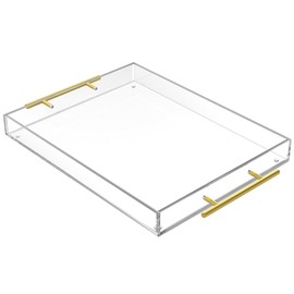MaxGear Acrylic Serving Tray with Gold Handles, Clear Rectangular Tray, Coffee Table Nesting Trays Ottoman Tray, Outdoor Serving Tray for Food, Tea, Snacks, Appetizer Serving Tray for Party 16" × 12"