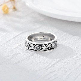SOULMEET 925 Sterling Silver Sunflower Band Ring Floral Pattern Promise Rings for Women Girls, Metal