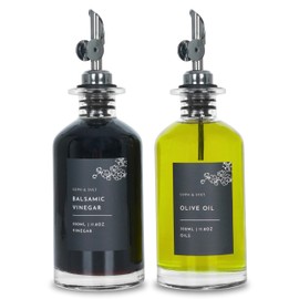 SOPH & SVET Oil Dispenser Set For Kitchen, 40 Labels, Glass Coffee Syrup Bottles, Cruet, Set of 2 (Silver)