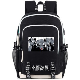Roffatide Anime Jujutsu Kaisen Laptop Backpack College Schoolbag Printed Rucksack with USB Charging Port & Headphone Port Black