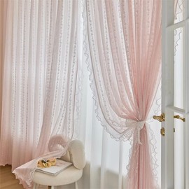 Risuho Romantic Pink Lace Sheer Curtains French Floral Sheer Curtains for Living Room Light Filtering Window Drapes for Girls Room Bedroom Rod Pocket, 2 Panels (W39 L71 inch,Pink)
