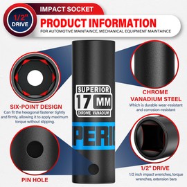 Aiourx 1/2” Drive Impact Socket, 17 mm Deep Socket, Metric, 6 Point, CR-V, for Automotive Maintaince, Mechanical Equipment Maintaince