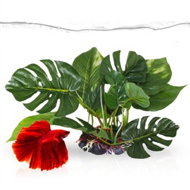 SunGrow Plastic Leaf Plant, Heavy-Duty Ceramic Base, Hiding Spot for Fish, Betta, Angelfish, Gold Fish, Frog, Python, Reptiles, Amphibians (6 Inches, 1, Count)