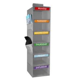 Yuuchoringee 6-Shelf Weekly Clothes Organizer for Kids Days of The Week Hanging Storage Shelves Dorm Room Essential Daily Shelf Hanging Closet Organizer with 6 Side Pockets(Grey)