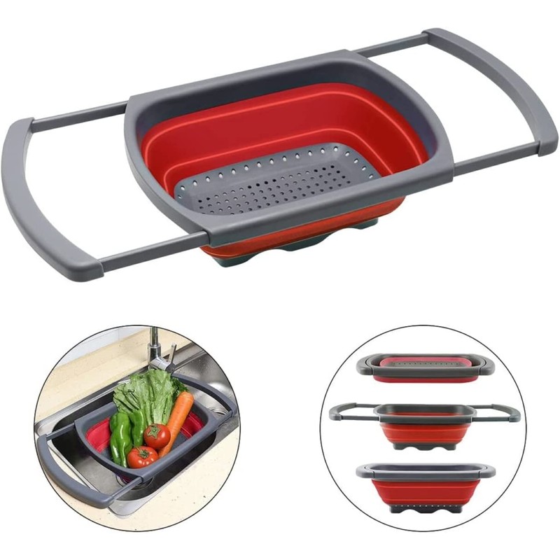Collapsible Colander, Red Food Strainer Over the Sink Colanders Strainers
