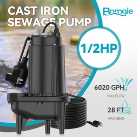 BOMGIE 1/2 HP Sewage/Effluent Pump, 6020 GPH Submersible Basement Sewer Pump with 10ft Auto Float Switch, Cast Iron Sump Ejector Pump, 2'' NPT for Sewage Basin, 115V SWU-500SE-CT