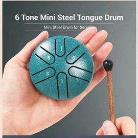 6 Tone Steel Tongue Drum, Durable Portable Mini Steel Drum with Drumsticks, Musical Instrument for Relaxation, Camping, Meditation, Yoga, Percussion Instrument:_Turquoise Green_3 inches