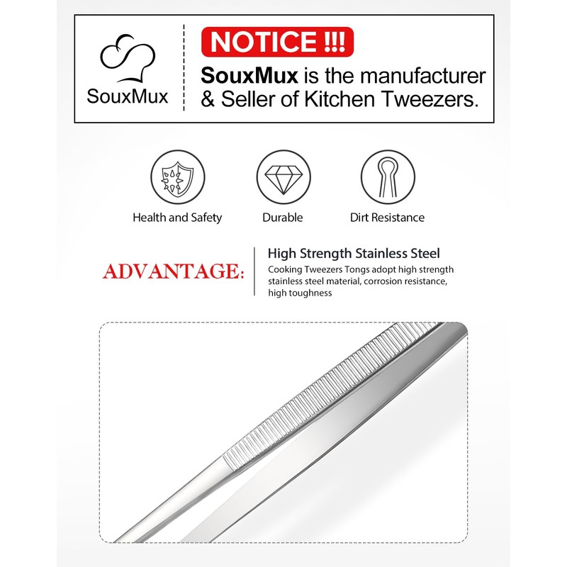 2 Pcs 25.5cm Cooking Tweezers Tongs Precision Serrated Tips, Stainless