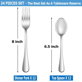 24 Pcs Forks and Spoons Silverware Set,Food Grade Stainless Steel Flatware Cutlery Set for Home,Kitchen and Restaurant,Mirror Polished,Dishwasher Safe-12 Dinner Fork(8 inch) and 12 Teaspoon(6.5 inch)