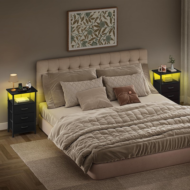 Vagusicc Night Stand Set 2 with Charging Station, LED Nightstand