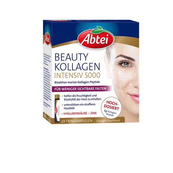 Abtei Beauty Collagen Intensive 5000 – Drinkable Beauty – High Dosage – with 5 g Collagen Peptides, Hyaluronic Acid, Zinc, Vitamin C – 10 Drinking Ampoules