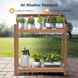 ONBRILL HDPS Potting Bench, All Weather Potting Table with 33.18" Highten Tabletop and 8 Hooks, Easy Assembly Garden Work Bench, Outdoor Potting Benches for Outside Patio Lawn, 360LBS Capacity, Teak