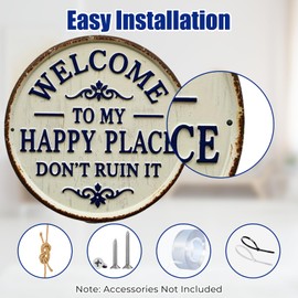 Welcome to My Happy Place Metal Door Sign, Funny Round Vintage Decor, Welcome Home Sign, Metal Signs for Home Garden, Garden Signs and Plaques for Outside (7.9x7.9 Inches, Iron Material)