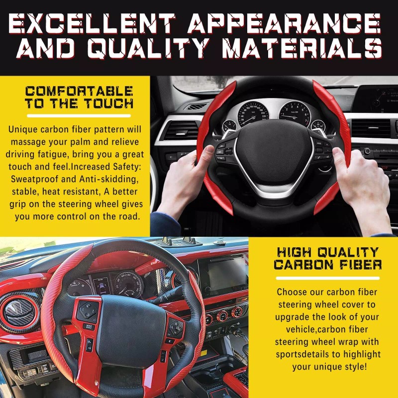 KEEPDSGN 15''Car Steering Wheel Cover Leather Non-Slip Carbon Fiber For