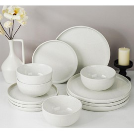 Metflavor Stellar Plates and Bowls Sets White Dishes Set for 4 Handpainted Dinnerware Sets 12 Pieces, Speckled Ceramic Plate Set Scratch Resistant Microwave & Dishwasher Safe (Arctic Frost)