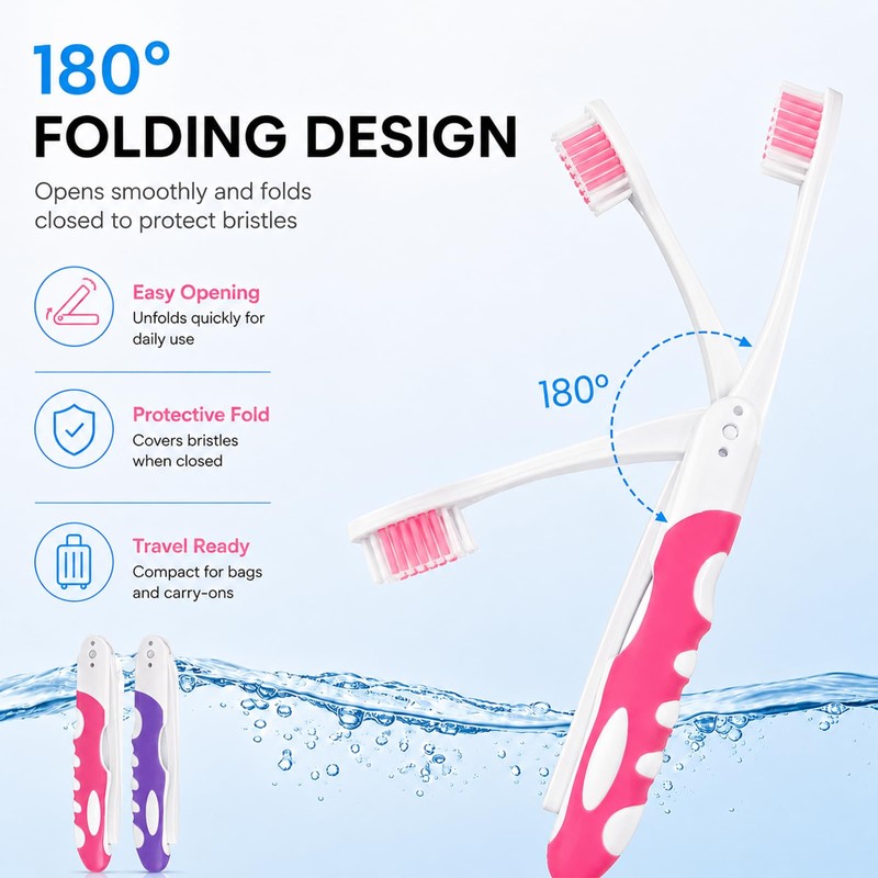 2Pcs Folding Travel Toothbrushes, Portable Mini Soft-Bristle (Pink&Purple)