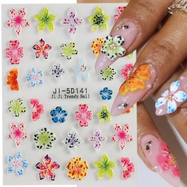 Spring Flower Nail Art Stickers 5D Embossed Florals Design Colorful Hibiscus Nail Stickers Acrylic Nail Decals Accessories Summer Nail Art Supplies for Women DIY Decorations 3 Sheets