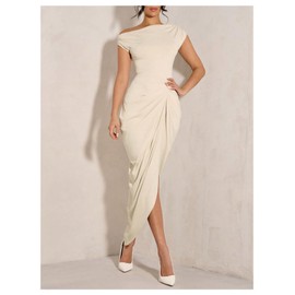 Floerns Women's Elegant Long Dress Asymmetrical Off Shoulder Ruched Slit Bodycon Cocktail Dresses Apricot Large