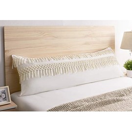 Boho Bohemian Macrame Tassel Ivory accent decorative couch long throw zipper body pillow cover case 54x20 Off White Cream Beige Cotton Fringe Knit Luxury Farmhouse Textured Rustic Tufted Room Decor