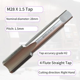 zpldAIAOSI M28 X 1.5 Tap, Metric Thread Tap, Right Hand, 1.5mm Pitch, Straight Flute, 4 Flute, High Speed Steel, H2 Accuracy Grade, Machine Tap
