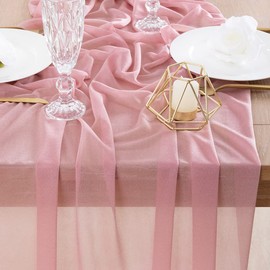 Socomi Dusty Rose Gauze Table Runner Chiffon Like Wedding Table Runner 120 inches Long Boho Rustic for Bridal Shower Decorations Baby Shower