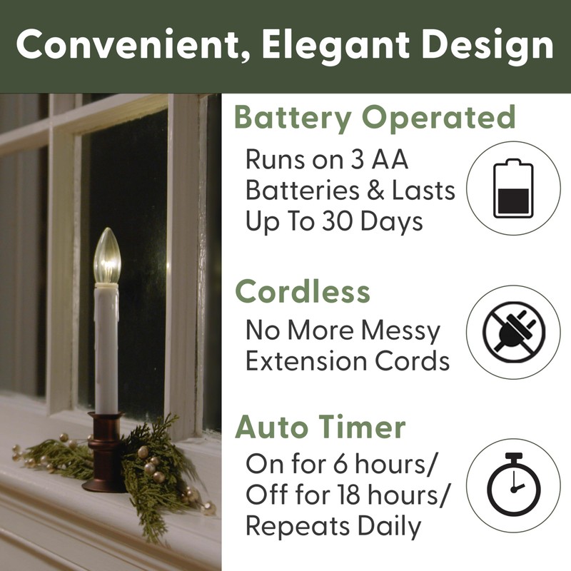 612 Vermont Ultra-Bright LED Window Candles with Timer, Battery Operated,