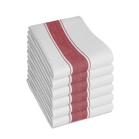 Pack of 6 Kitchen Tea Towels Large 100% Cotton Commercial Grade Towels Lint Free White Quick Drying, 75 x 50 cm, Red