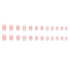BABALAL Square Press on Nails Medium Fake Nails Pink French Glue on Nails Squoval Acrylic Nails Rhinestones Stick on Nails for Women and Girls