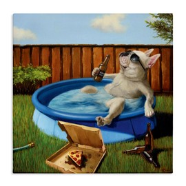 Stupell Industries French Bulldog Drinking Summer Pool Pet Humor, Designed by Lucia Heffernan Canvas Wall Art, 24x24, Beige